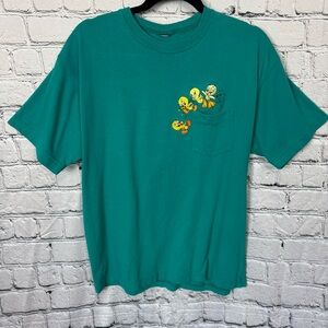 Tweety Bird Looney Tunes Vintage Teal Blue Embroidered Pocket Graphic T-Shirt